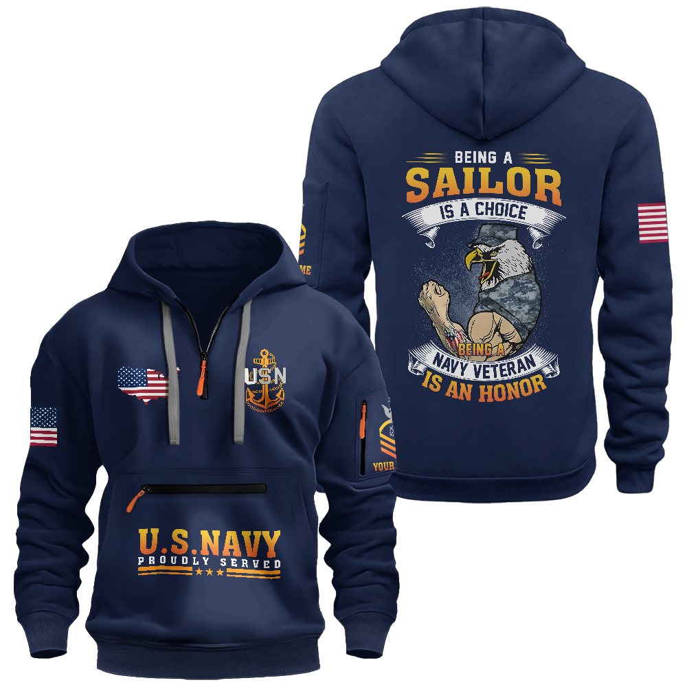 Being A Navy Veteran Is An Honor Personalizable Zipper Pouch Quarter-Zip Hoodie