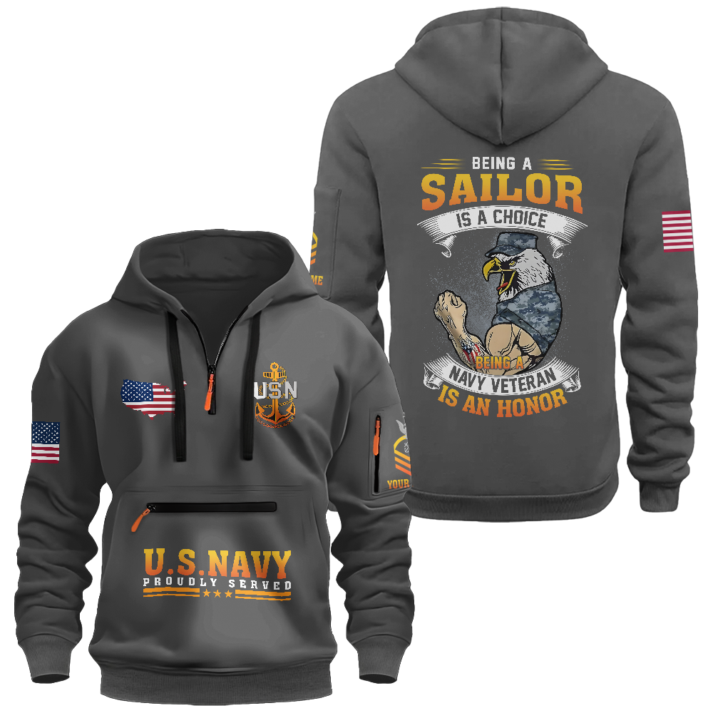 Being A Navy Veteran Is An Honor Personalizable Zipper Pouch Quarter-Zip Hoodie