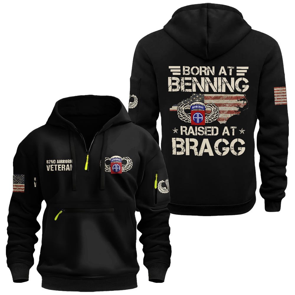 Born At Benning Raised At Bragg Zipper Pouch Quarter-Zip Hoodie