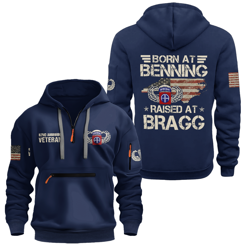 Born At Benning Raised At Bragg Zipper Pouch Quarter-Zip Hoodie