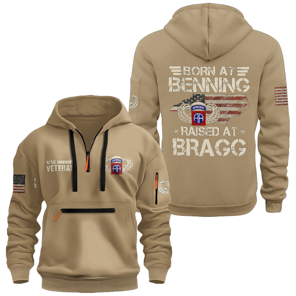 Born At Benning Raised At Bragg Zipper Pouch Quarter-Zip Hoodie