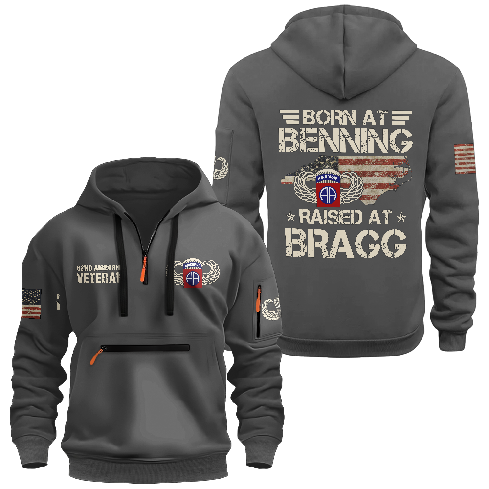 Born At Benning Raised At Bragg Zipper Pouch Quarter-Zip Hoodie