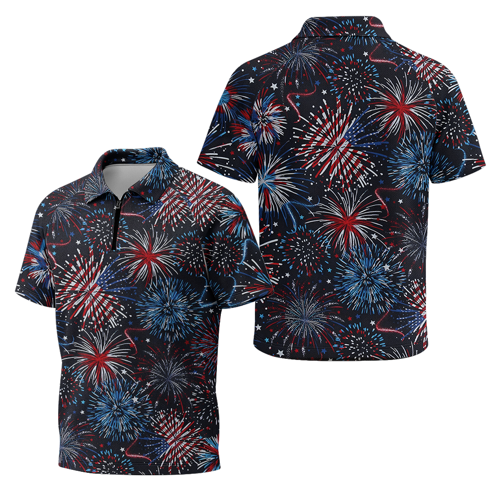 American Patriotic Firework Raglan Zip Polo Shirt