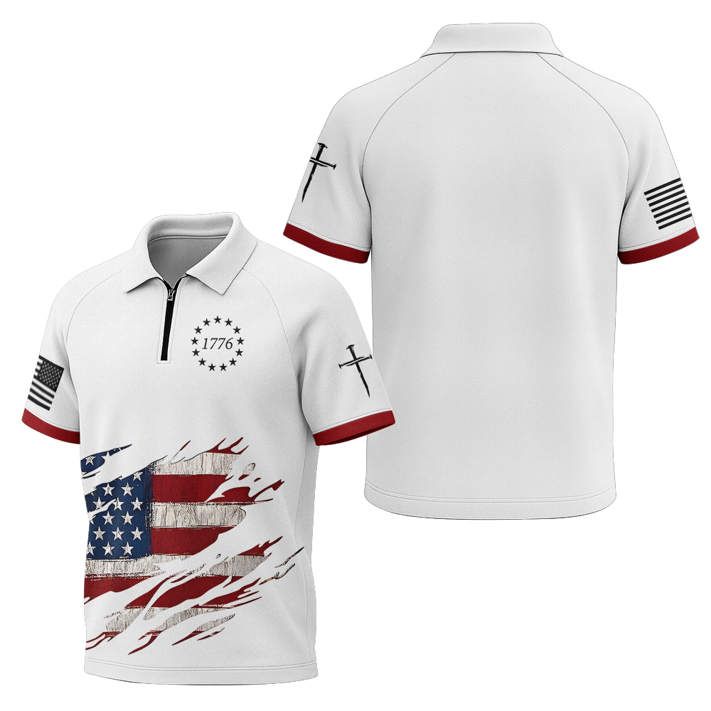 American Patriotic Distressed Flag Raglan Zip Polo Shirt