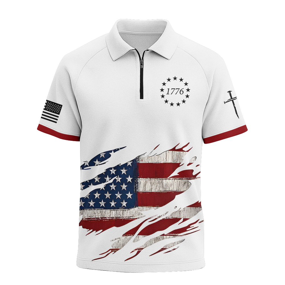 American Patriotic Distressed Flag Raglan Zip Polo Shirt