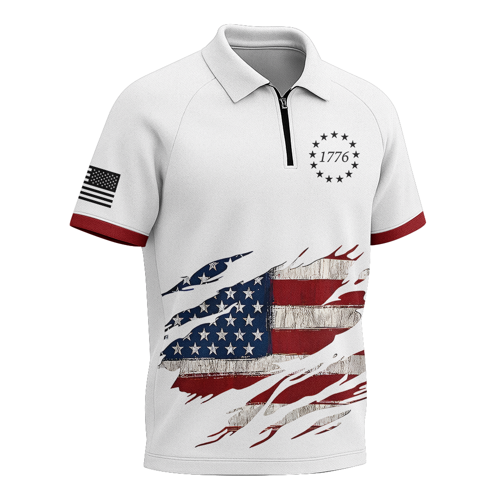 American Patriotic Distressed Flag Raglan Zip Polo Shirt