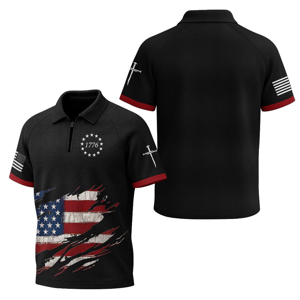 American Patriotic Distressed Flag Raglan Zip Polo Shirt