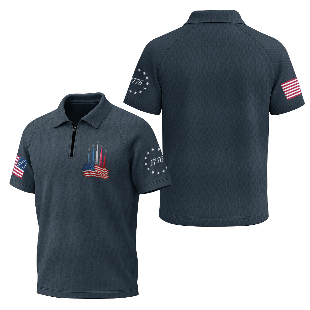 American Patriotic Raglan Zip Polo Shirt