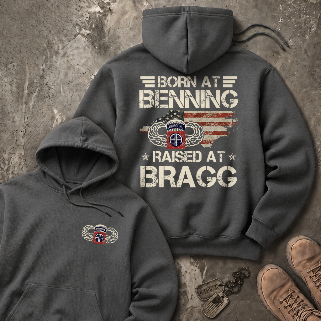 Born At Benning Raised At Bragg 82nd Airborne Heavy Blend™ Hoodie