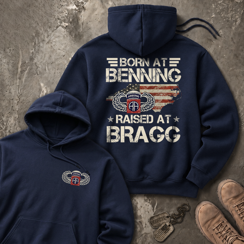 Born At Benning Raised At Bragg 82nd Airborne Heavy Blend™ Hoodie