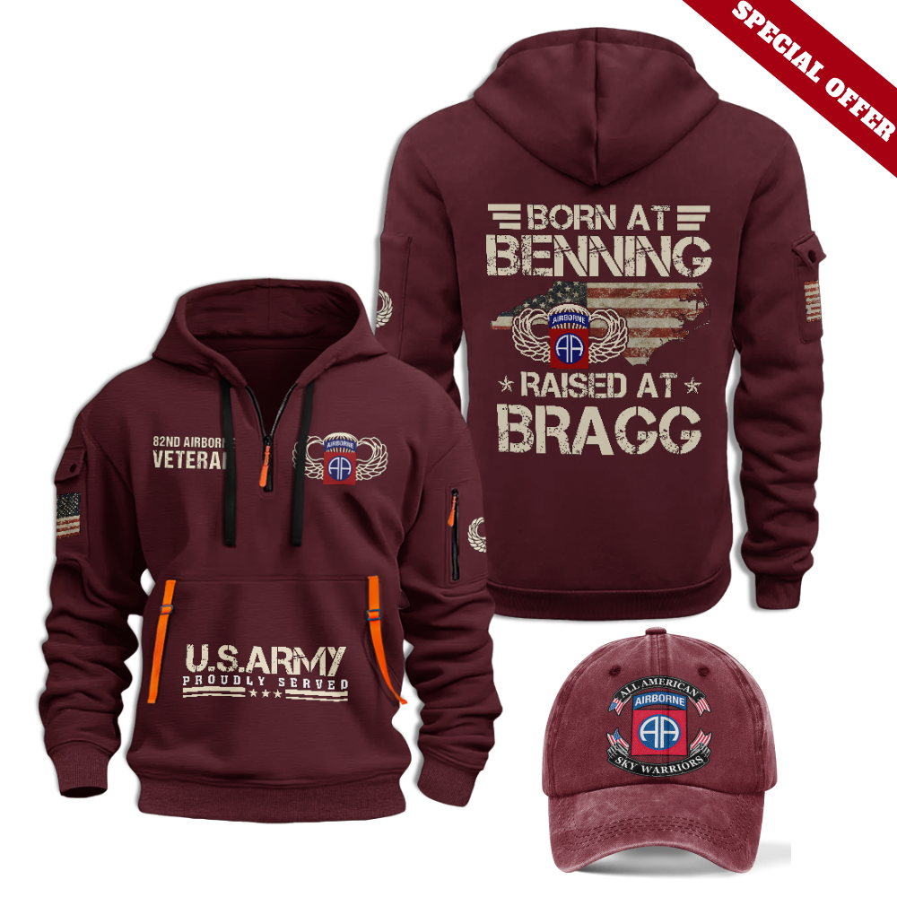 82nd Airborne Quarter Zip Hoodie & Washed Cap Combo