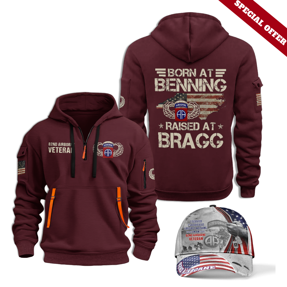 Airborne Born At Benning Raised At Bragg Quarter Zip Hoodie & Cap Combo