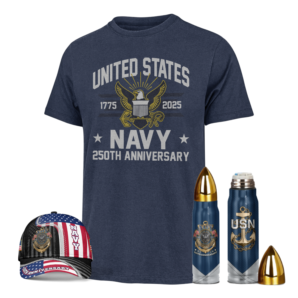 Navy 250th Anniversary Classic Tee & Cap & Bullet Tumbler Combo