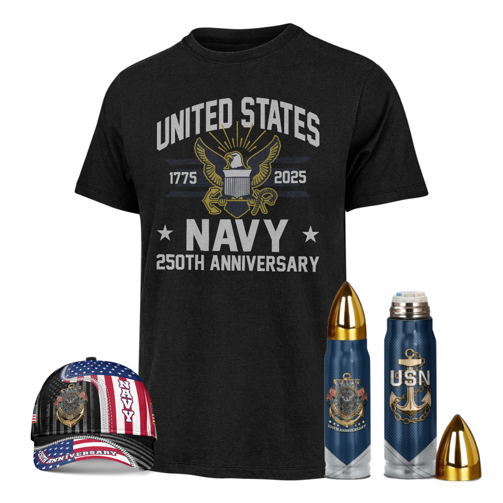 Navy 250th Anniversary Classic Tee & Cap & Bullet Tumbler Combo