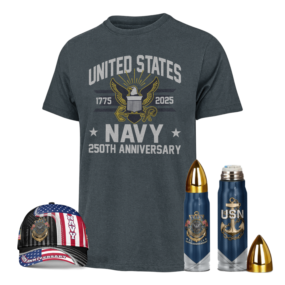 Navy 250th Anniversary Classic Tee & Cap & Bullet Tumbler Combo