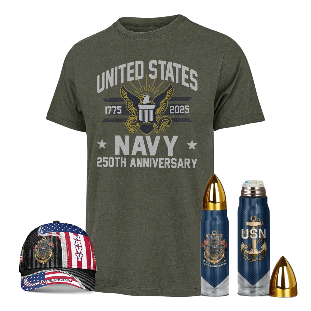 Navy 250th Anniversary Classic Tee & Cap & Bullet Tumbler Combo